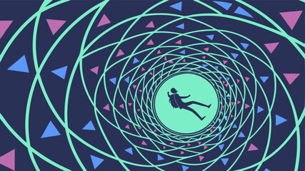 Silhouette of a person falling through a spiral tunnel with triangles in shades of blue and pink color scheme