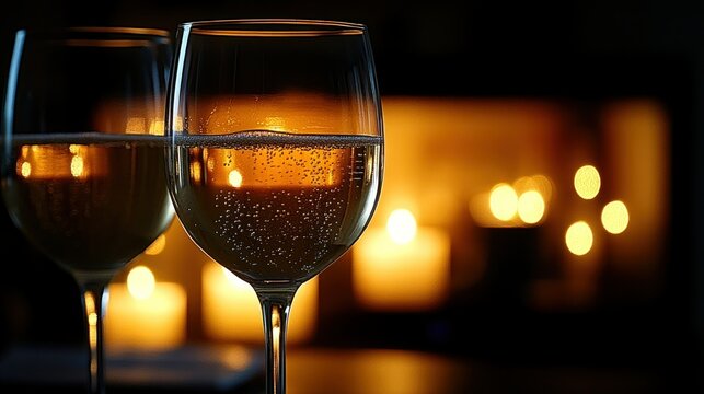 Two champagne flutes near a warm fireplace