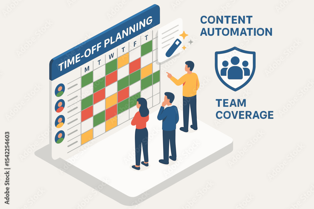 Poster isometric office team planning time off with content automation and team coverage strategy