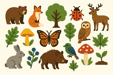Fototapeta premium Colorful forest animals and plants collection in a playful illustration