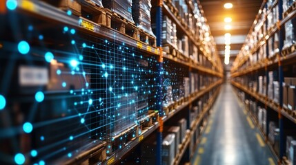 Warehouse interior with overlayed digital network
