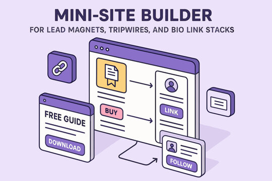 Isometric mini-site builder interface with icons for download, buy, and link options