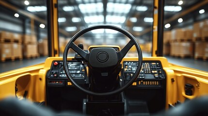 Yellow forklift interior, controls and steering wheel