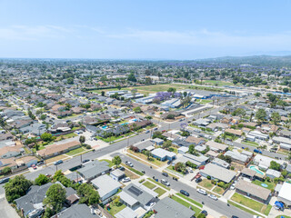 Day time aerial view of the Uptown area of Whittier with house and street, California, USA