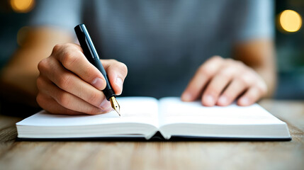 A person is writing in an open notebook with a pen, focusing on the hand and pen while the background is softly blurred.