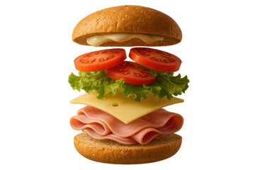 Deconstructed burger with ham, cheese, and vegetables isolated on transparent