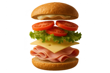 Deconstructed burger with ham, cheese, and vegetables isolated on transparent