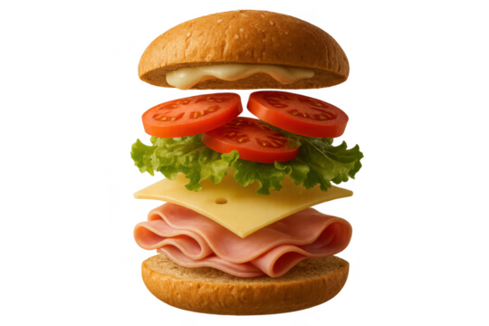 Deconstructed burger with ham, cheese, and vegetables isolated on transparent