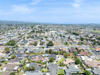 Day time aerial view of the Uptown area of Whittier with house and street, California, USA