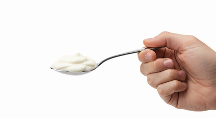 Hand holding spoon with yogurt, isolated on white. Ideal for healthy eating or dairy visuals.