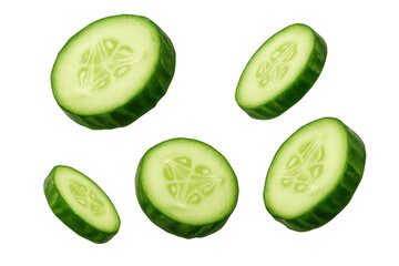Cucumber slices floating on transparent background, fresh and vibrant green