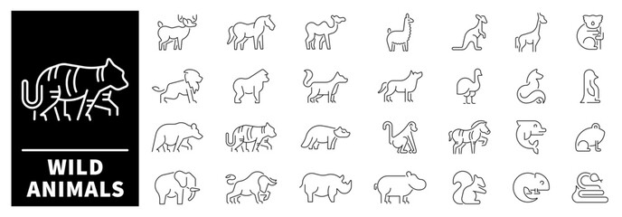 Wild animals linear vector icons. Set of outline icons related to wild animals and beasts. Wild animals outline Icons set