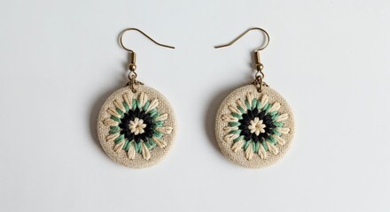 Embroidered earrings isolated on white background, colorful pair, side view, detailed stitching