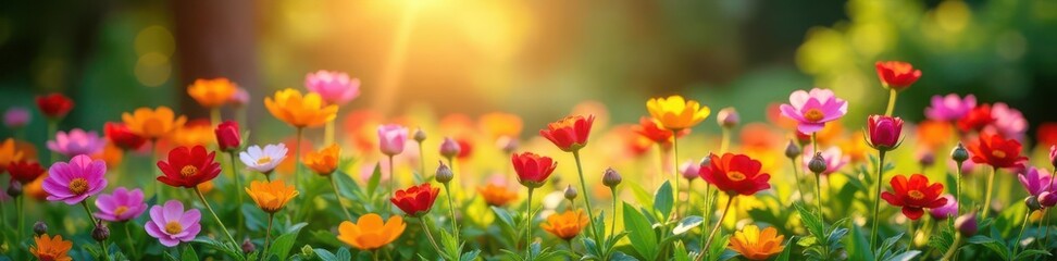 Obraz premium Sun-kissed garden blooms, wildflowers, cascading design , green, orange