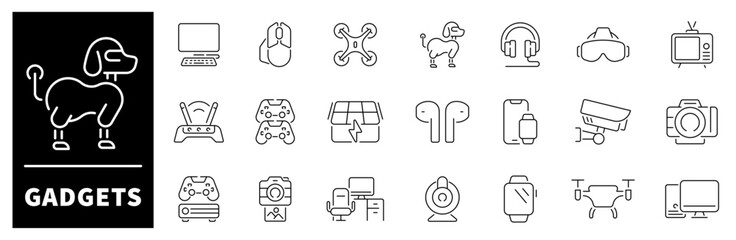 Set of outline icons related to gadgets and devices. Gadgets linear vector icons. Smart devices, technology, computer, monitor, smartphone, tablet, laptop, drone, pc, wifi router, gadgets icons.