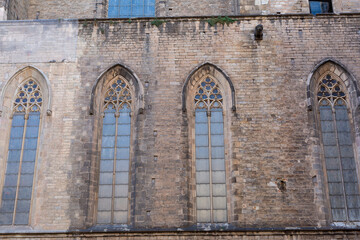Santa maria del Mar church showing rose window and bell tower in barcelona, spain