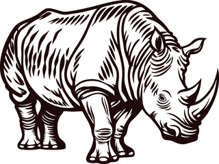 Fototapeta premium Hand drawn black and white rhinoceros illustration isolated on white background, vintage engraving