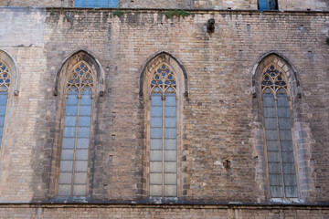 Santa maria del Mar church showing rose window and bell tower in barcelona, spain
