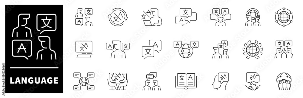 Poster language icon set. thin line icons set related to language and foreign languages. communication, tra
