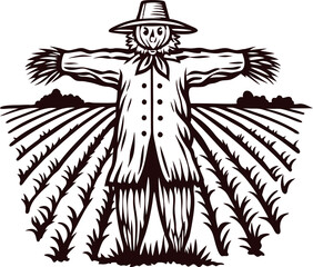 Vintage woodcut illustration of a scarecrow with a hat standing in a cultivated farm field