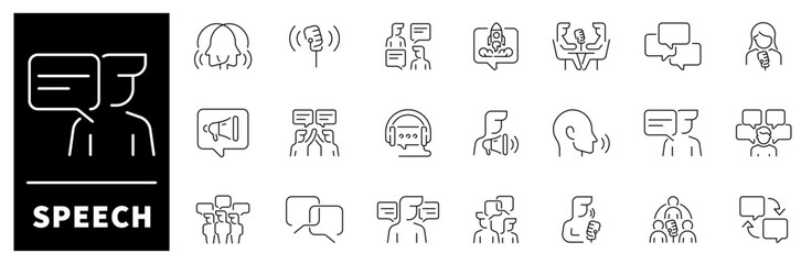 Speech icon set. Thin line icons set related to speech and talking. Communication related icons. Speech, talk, discussion, speech bubble, dialog vecor icons