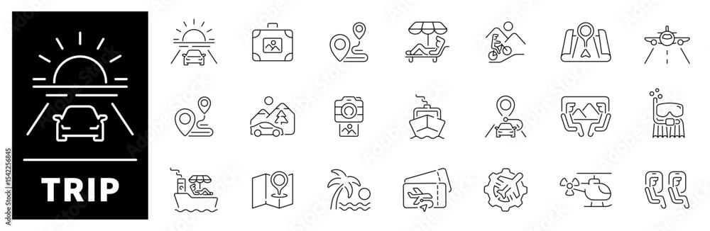 Poster trip icon set. thin line icons set related to trip and journey. trip web icons in line style. collec