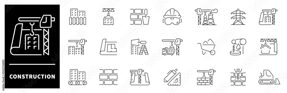 Poster construction icon set. thin line icons set related to construction and building. construction web ic