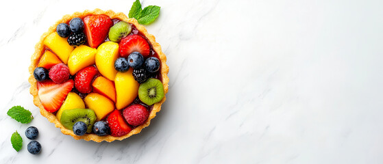 A colorful fruit tart topped with strawberries, kiwi, blueberries, raspberries, and peach slices, garnished with fresh mint leaves on a white marble surface.