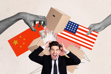 Sketch template design 3D photo collage composite of hand hold box american chinese flag overloaded...
