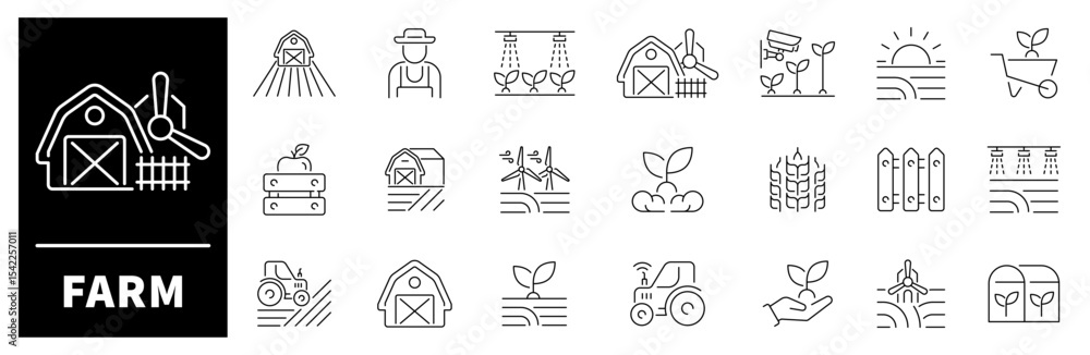 Poster farm icon set. thin line icons set related to farm and agriculture. farming web icons collection in 