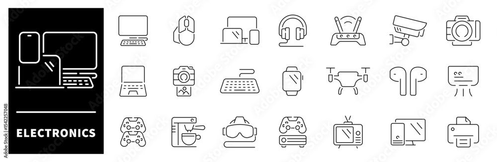 Poster electronic devices icon set. thin line icons set related to devices and electronics. electronic devi