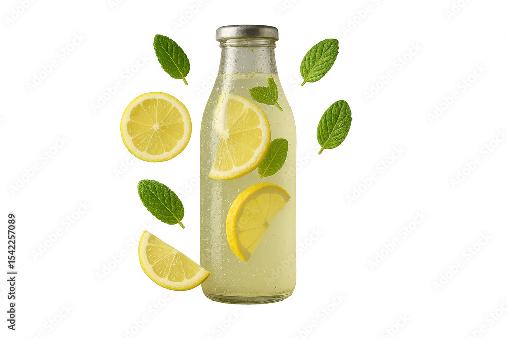 Poster refreshing lemonade bottle with lemon slices isolated on transparent backdrop