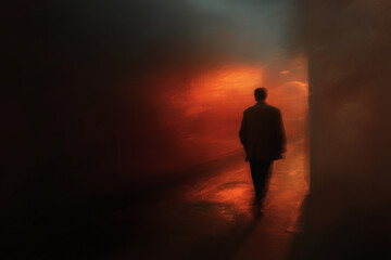 Fototapeta premium Mysterious Man Walking Through Fiery, Abstract Light Tunnel at Night