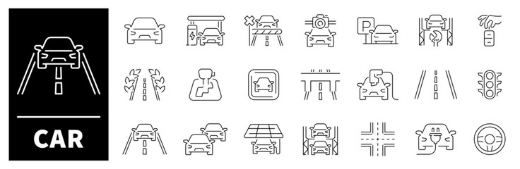 Car icon set. Thin line icons set related to car and vehicles. Car icons collection in line style.