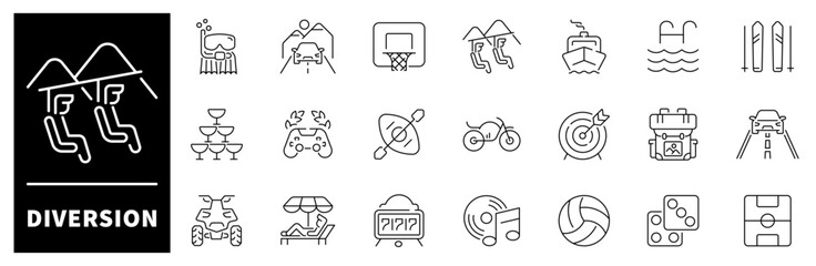 Diversion elements collection. Diversion vector icons in line style. Thin line icons related to Diversion and hobby