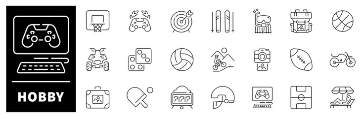Hobby icon set. Thin line icons set related to hobby and recreation. Hobby icons collection in line style.