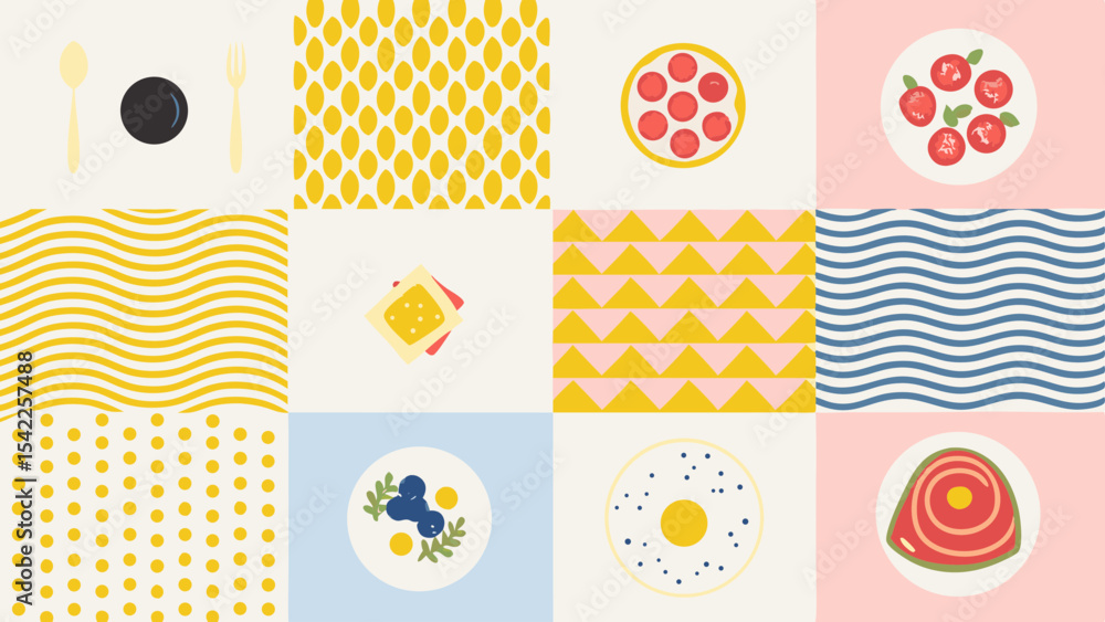 Poster a collection of food themed illustrations with patterns and simple designs in a grid arrangement