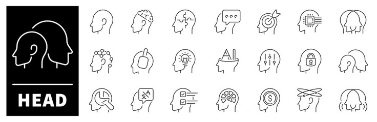 Head vector icons collection. Thin line icons related to human and head. Head vector icons in line style