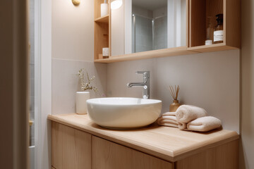 Fototapeta premium Modern Bathroom Vanity with Round Sink and Wooden Cabinets