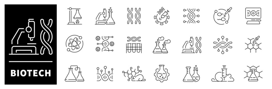 Biotech vector icons collection. Thin line icons related to Biotechnology and genetic engineering. Biotechnology and DNA vector icons in line style