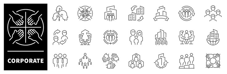 Fototapeta premium Corporate vector icons collection. Thin line icons related to teamwork and partnership. Corporate vector icons in line style