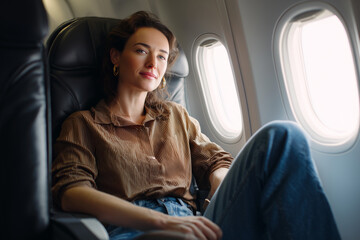 Relaxed Woman Sitting Comfortably on an Airplane Window Seat, Enjoying Flight
