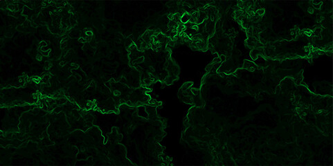 Abstract dark background featuring swirling green neon wisps and smoky, misty patterns over a black backdrop. Organic, ethereal effect resembling energy currents, plasma flow, or mystical fog