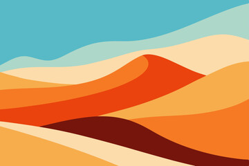 Sun-kissed desert landscape with orange sand dunes, distant mountains, and a clear sky, illustrating the hot, natural beauty of summer