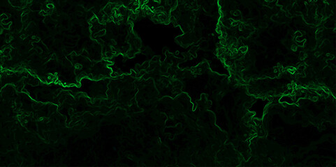 Abstract dark background featuring swirling green neon wisps and smoky, misty patterns over a black backdrop. Organic, ethereal effect resembling energy currents, plasma flow, or mystical fog