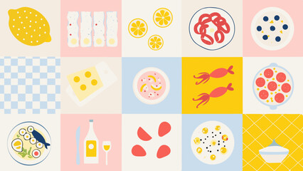 A colorful grid of food items including lemon, sushi, cheese, and various dishes arranged neatly