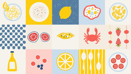 A collection of colorful food illustrations including fruits, seafood, and other culinary items shown well