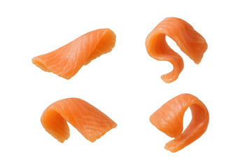 Four pieces of salmon fillet slices isolated on a transparent background, fish