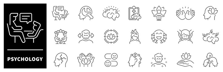 Psychology vector icons. Thin line icons related to psychology and mental health. Psychology vector icons in line style