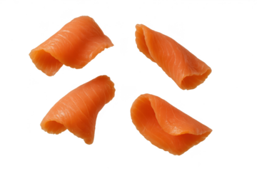 Delicious salmon slices on a transparent background, raw fish fillet cut out